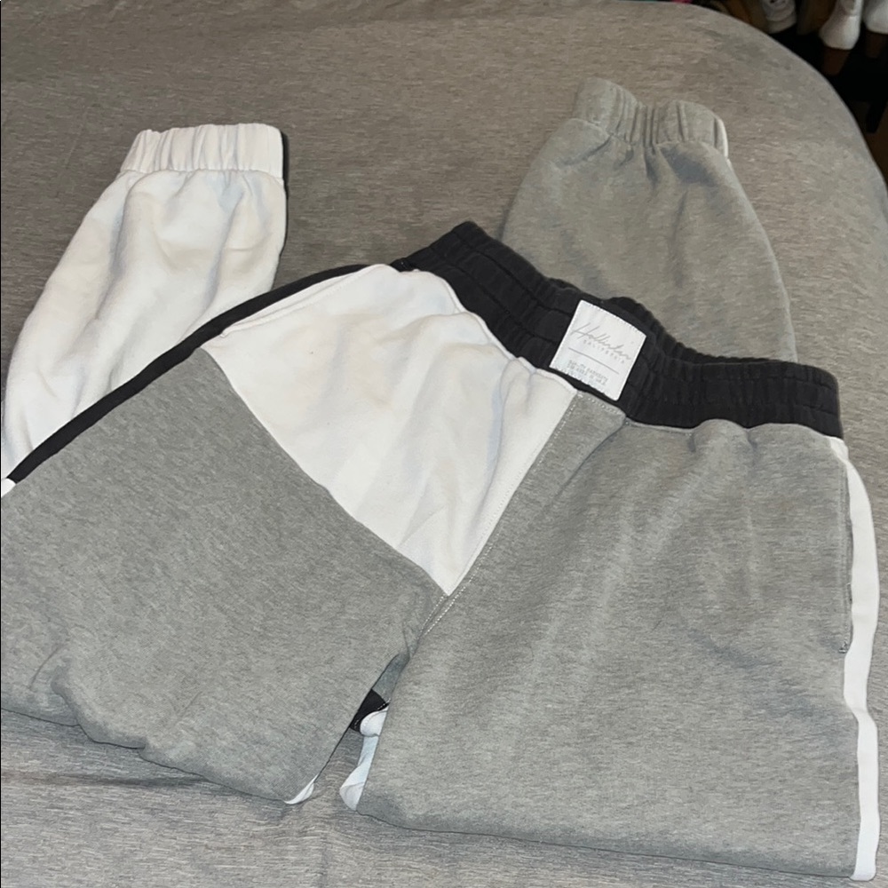 Hollister Gray and White Track Pants with Color Block Design